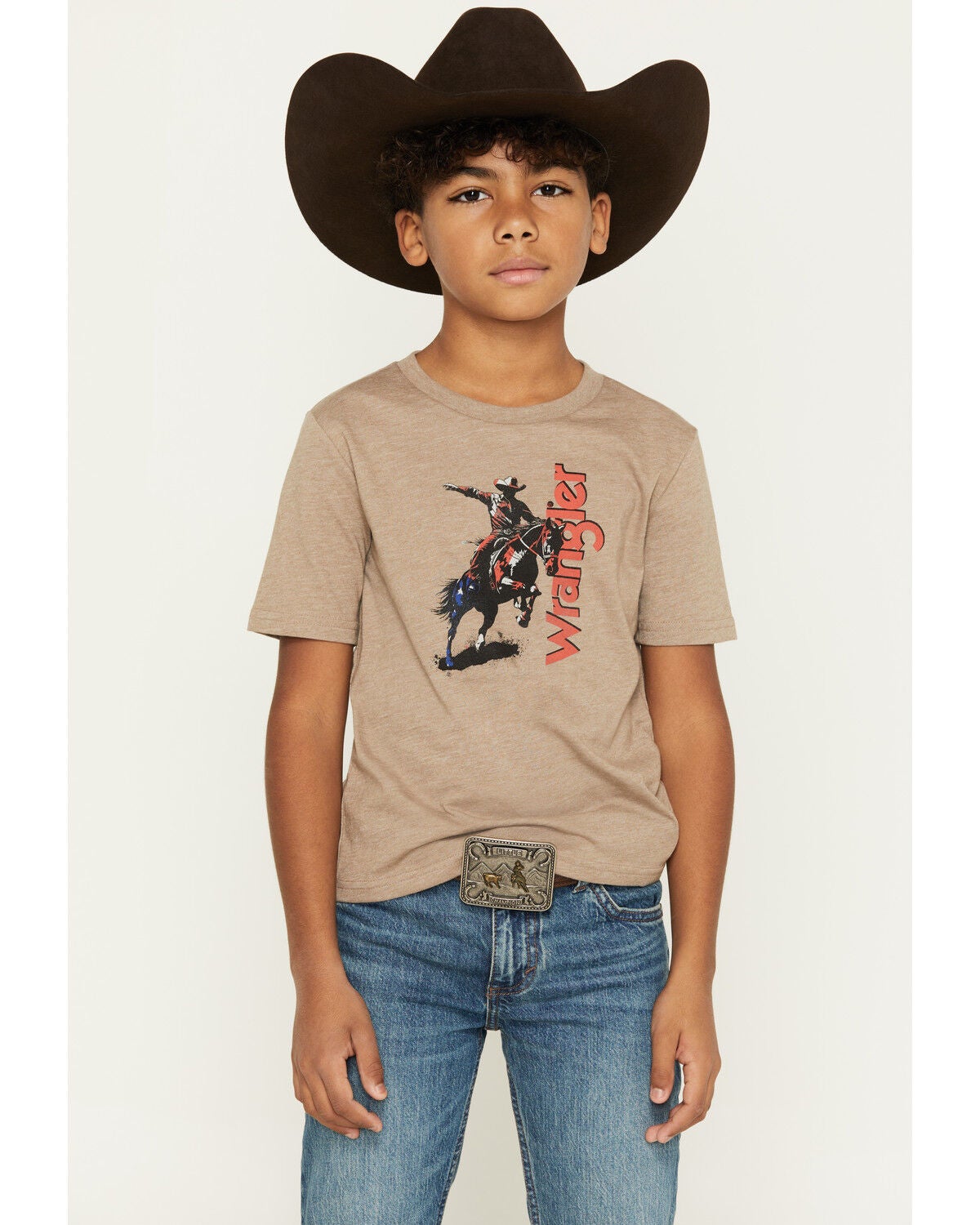 Wrangler Boys' Bucking Bronc Logo Short Sleeve Graphic T-Shirt, Brown, hi-res