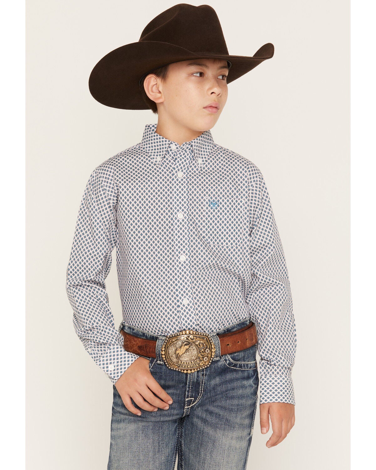 Ariat Boys' Geo Print Long Sleeve Button-Down Western Shirt, White, hi-res