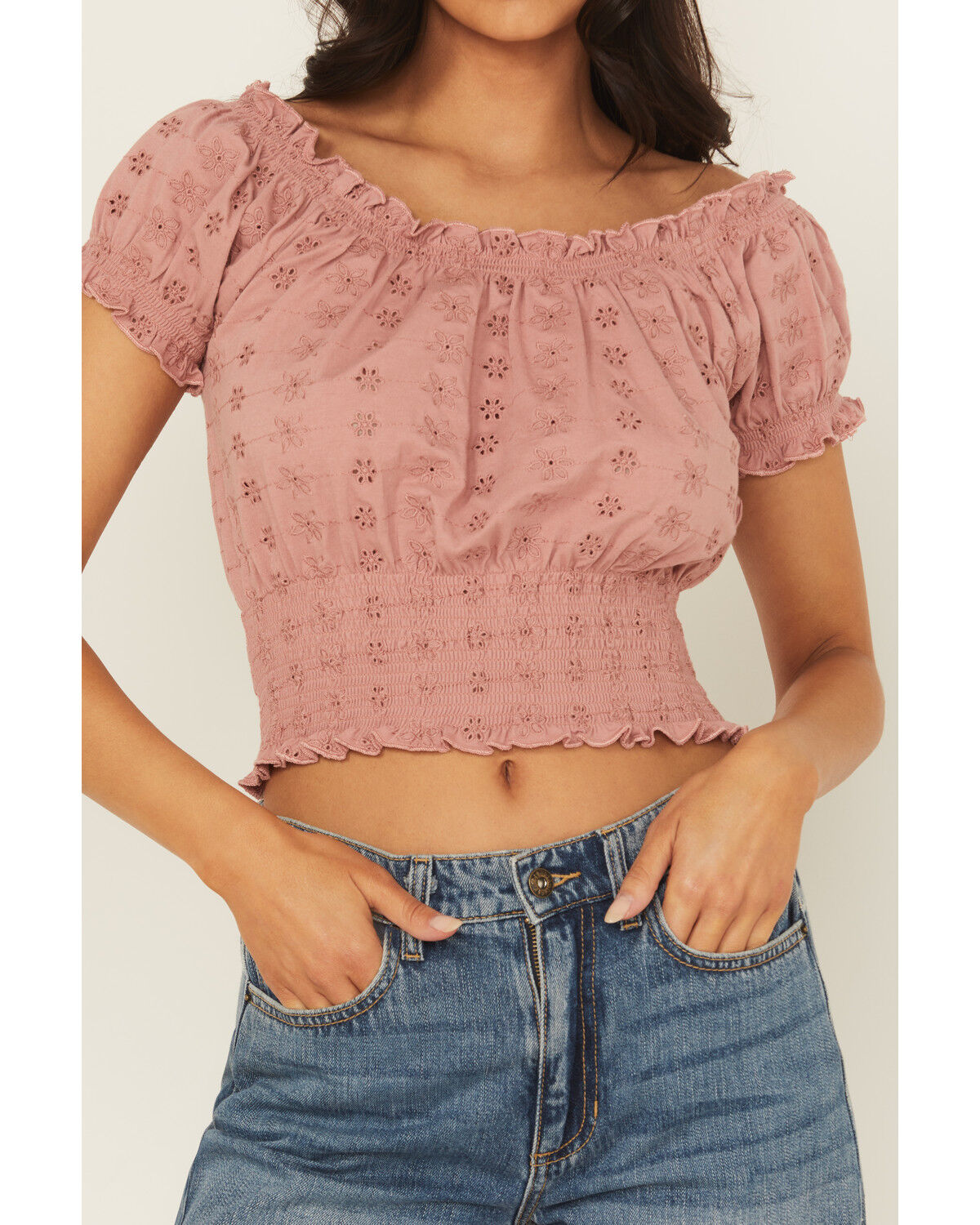 Image #3 - Cleo + Wolf Women's Eyelet Smocked Short Sleeve Crop Top, Rose, hi-res