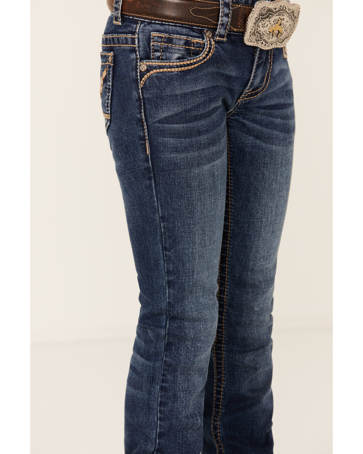 Image #2 - Shyanne Little Girls' Dark Wash Arrow Embroidered Stretch Bootcut Jeans, Blue, hi-res