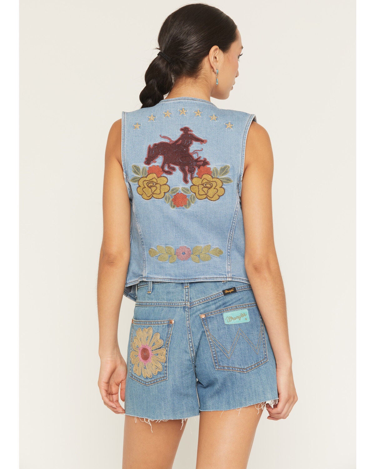 Image #4 - Wrangler X Lainey Wilson Women's Bull Riding Embroidered Button-Down Denim Vest, Blue, hi-res
