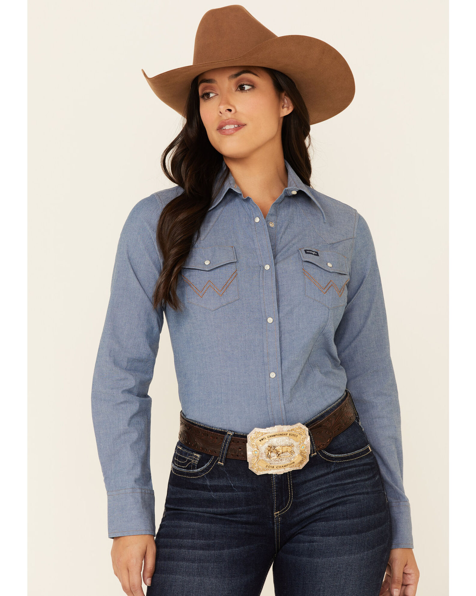 Wrangler Women's Solid Chambray Long Sleeve Snap Western Core Shirt |
