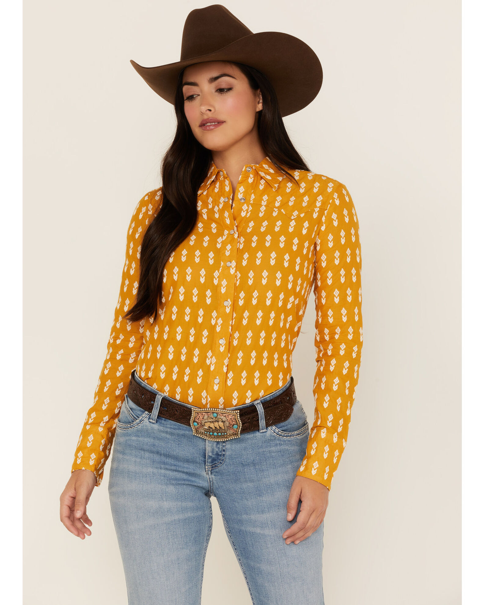 Yellow pearl snap shirt online