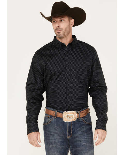 RANK 45 Men's Fury Geo Print Long Sleeve Button Down Stretch Western Shirt, Grey, hi-res