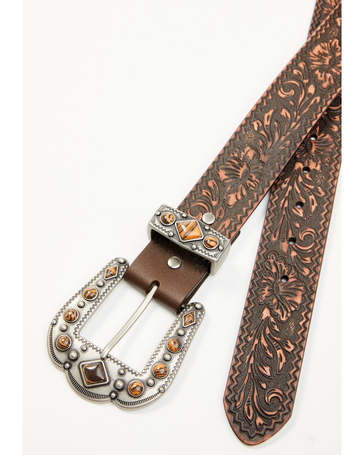 Image #2 - Shyanne Women's Stone Buckle Tooled Belt, Brown, hi-res
