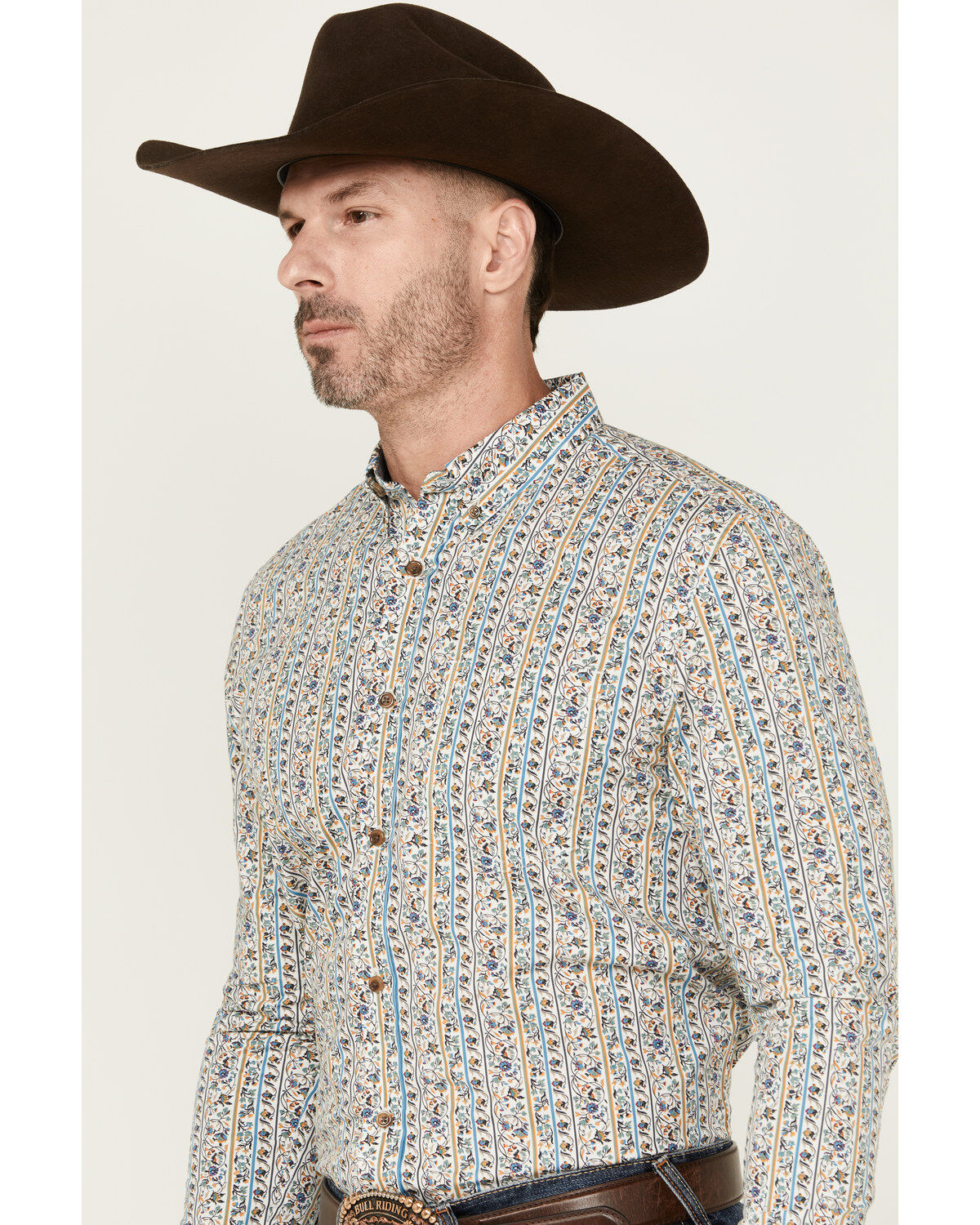 Image #2 - Cody James Men's Wells Floral Striped Print Long Sleeve Button-Down Stretch Western Shirt, Gold, hi-res