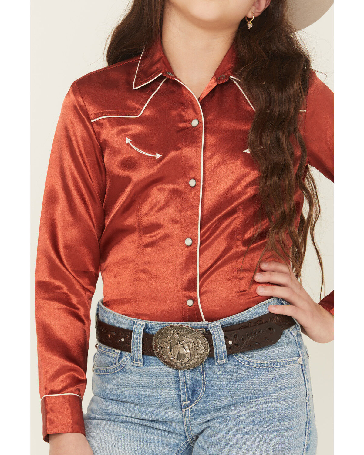 Image #3 - Cruel Girl Girls' Satin Long Sleeve Snap Western Shirt, Red, hi-res