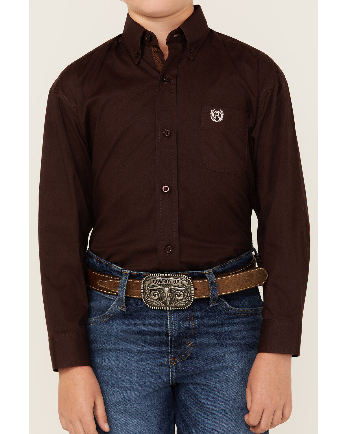 Image #3 - Panhandle Select Boys' Solid Long Sleeve Button-Down Stretch Western Shirt, Brown, hi-res