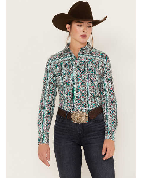 RANK 45® Women's Southwestern Striped Print Long Sleeve Snap Western Riding Shirt, Teal, hi-res