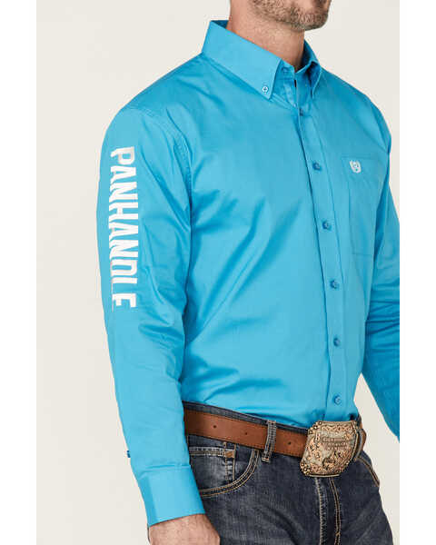 Panhandle Select Men's Logo Embroidered Long Sleeve Button Down Western Shirt , Turquoise, hi-res