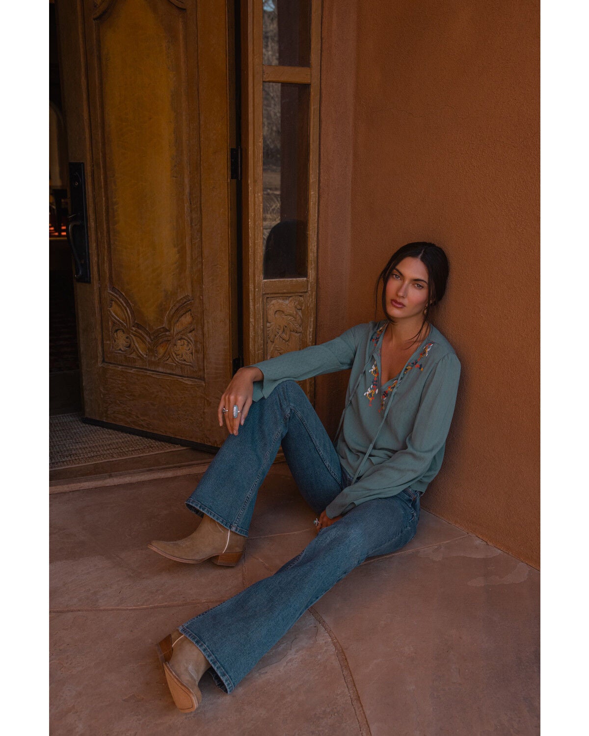 Shyanne Women's Long Sleeve Embroidered Trim Top, Aqua, hi-res