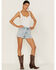 Image #1 - Rock & Roll Denim Women's Vintage Medallion Print Fray Hem Shorts, Light Blue, hi-res