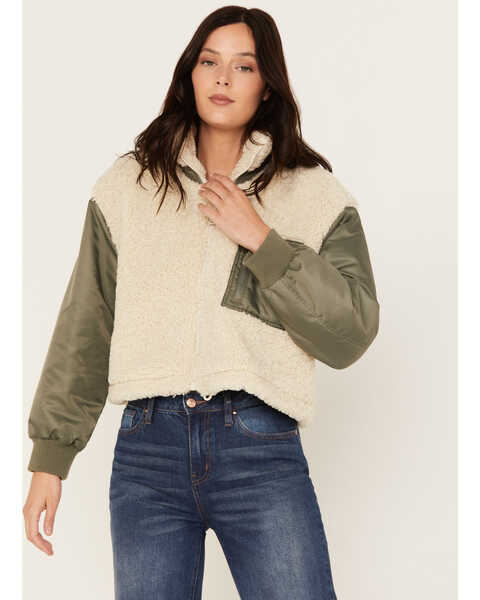 Cleo + Wolf Women's Zip-Up Cropped Jacket, Sand, hi-res