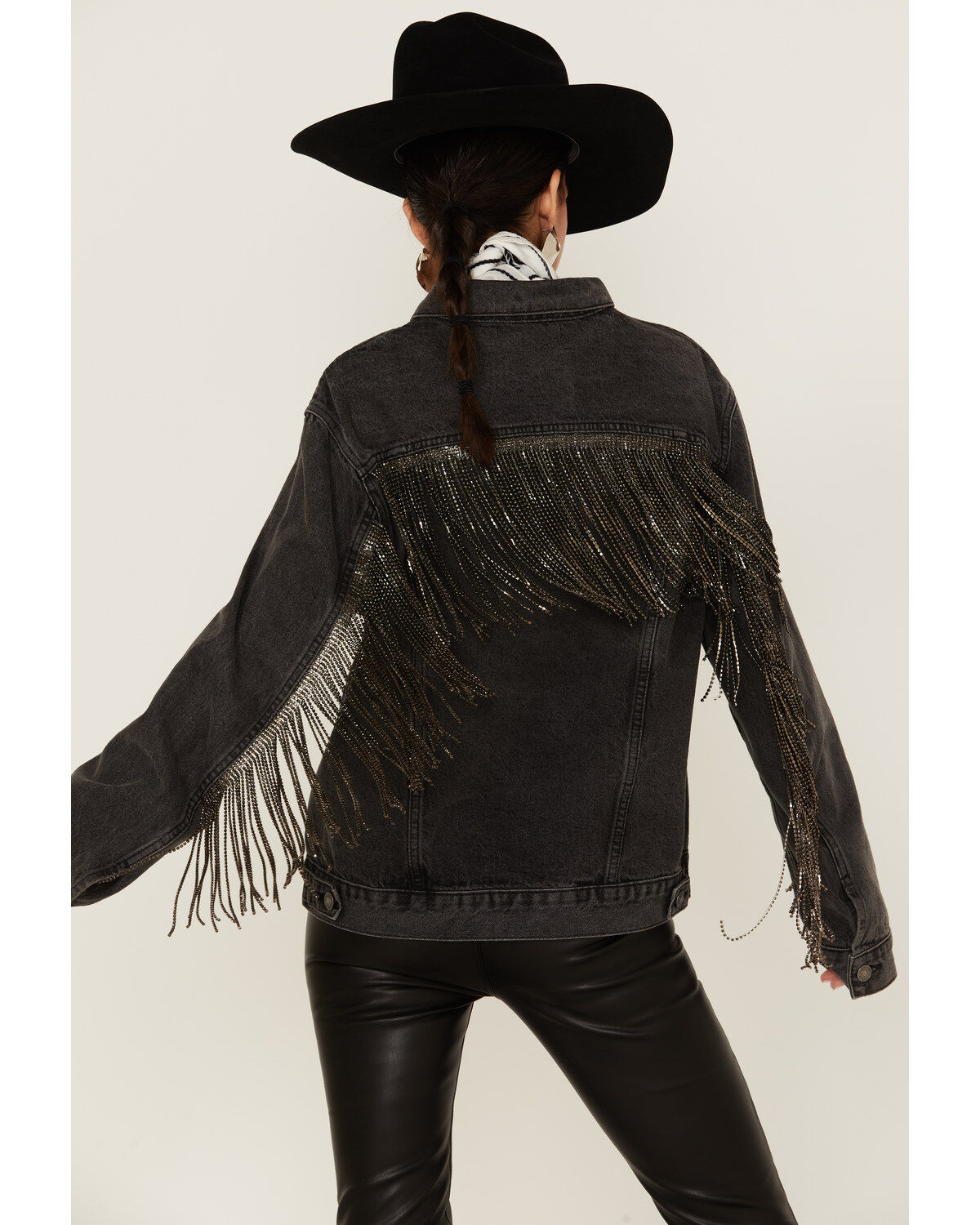 Image #1 - The Andy Jacket by DanielXDiamond: Women's Gray Denim Jacket With Gunmetal Fringe, Charcoal, hi-res