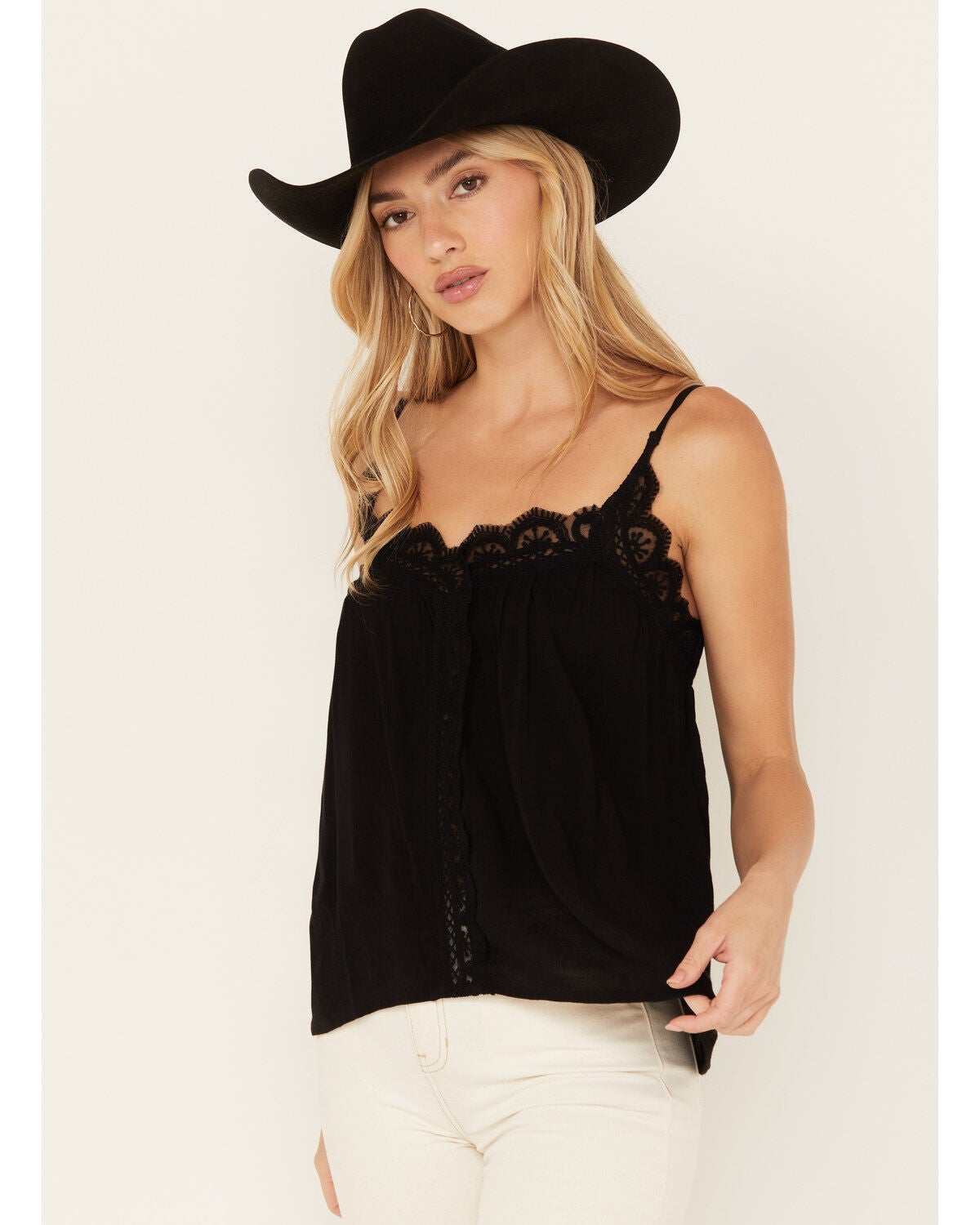 Shyanne Women's Lace Trim Cami, Black, hi-res