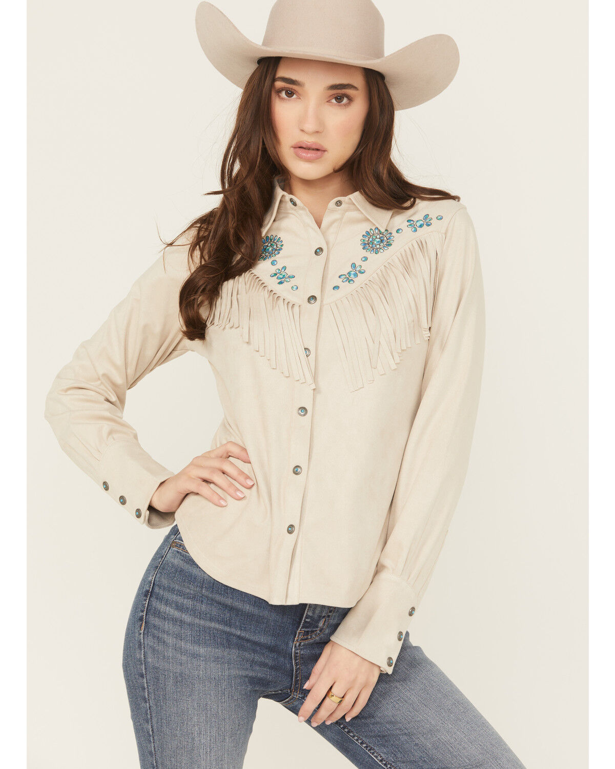 Shyanne Women's Embellished Faux Suede Long Sleeve Fringe Top, Oatmeal, hi-res