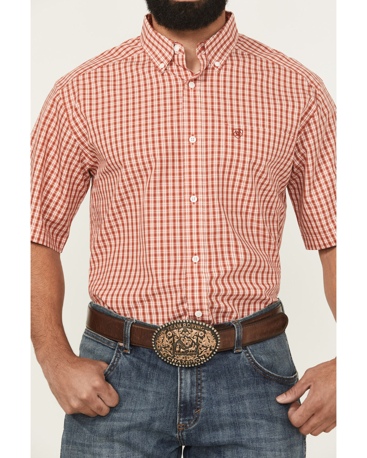 Image #3 - Ariat Men's Emery Wrinkle Free Plaid Print Short Sleeve Button-Down Western Shirt, Orange, hi-res