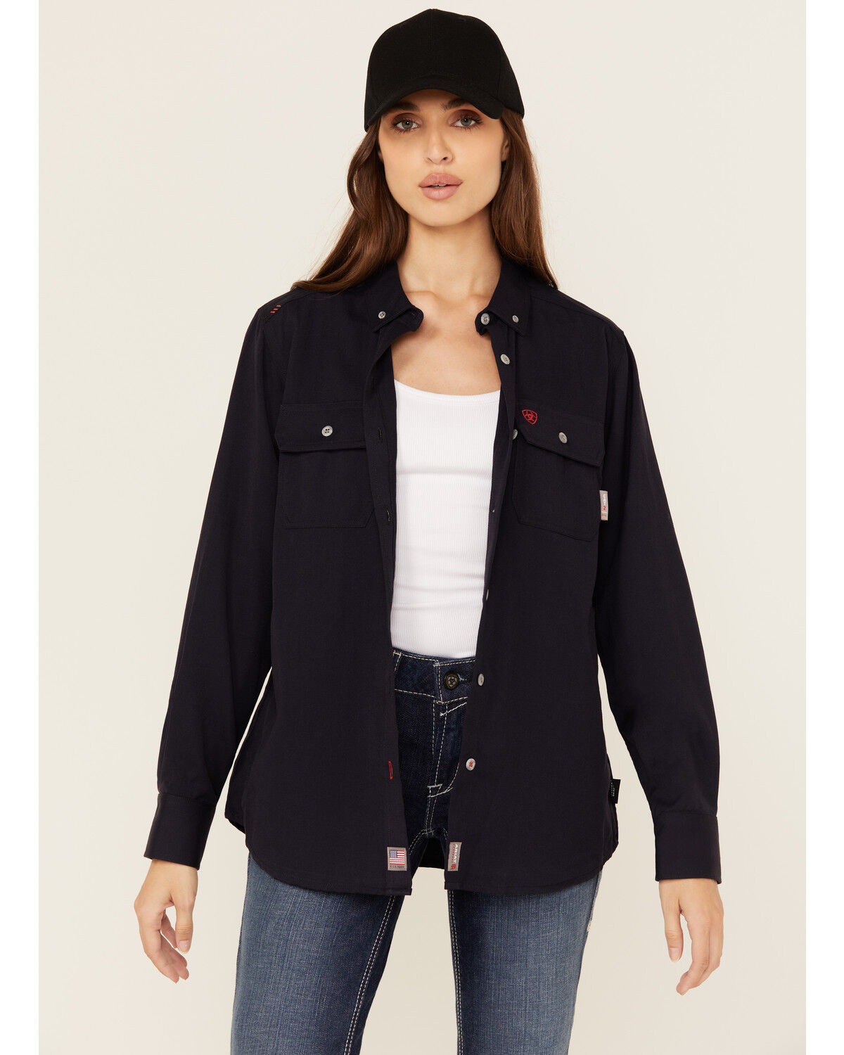 Image #1 - Ariat Women's FR Inherent Long Sleeve Button-Down Work Shirt, Navy, hi-res