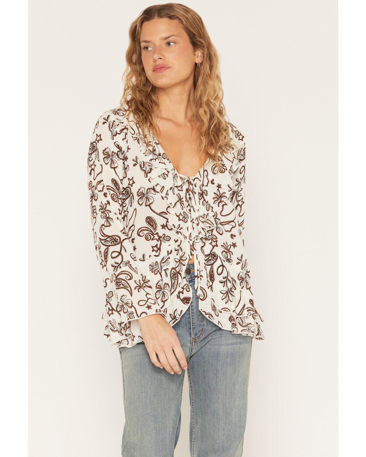 Rosabelle Honey Women's Western Print Ruffle Tie-Front Blouse, Cream, hi-res