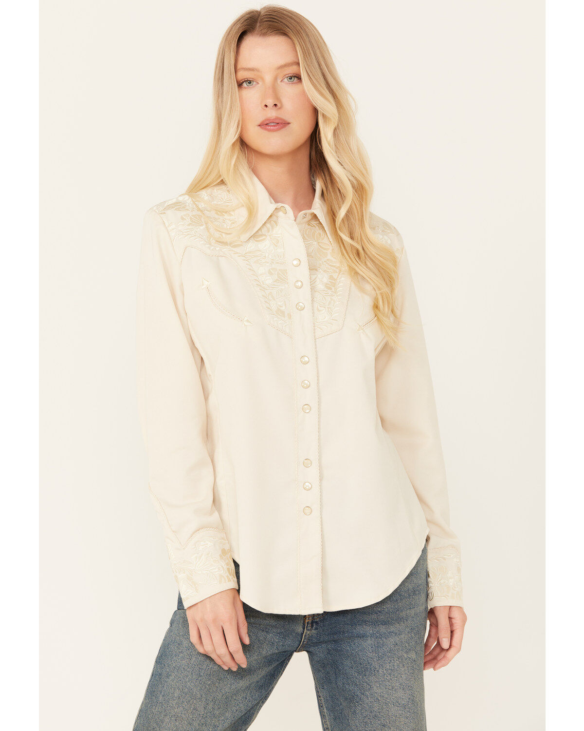 Image #1 - Scully Women's Floral Embroidered Long Sleeve Pearl Snap Western Shirt, Ivory, hi-res
