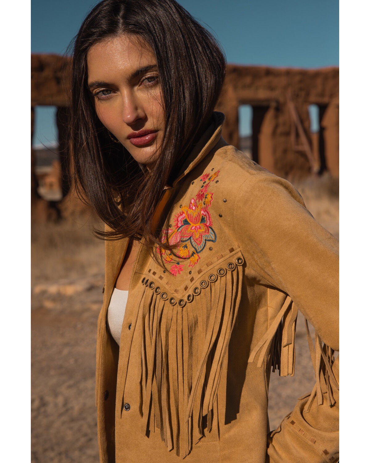 Shyanne Women's Dixon Embroidered Faux Suede Fringe Jacket, Wheat, hi-res