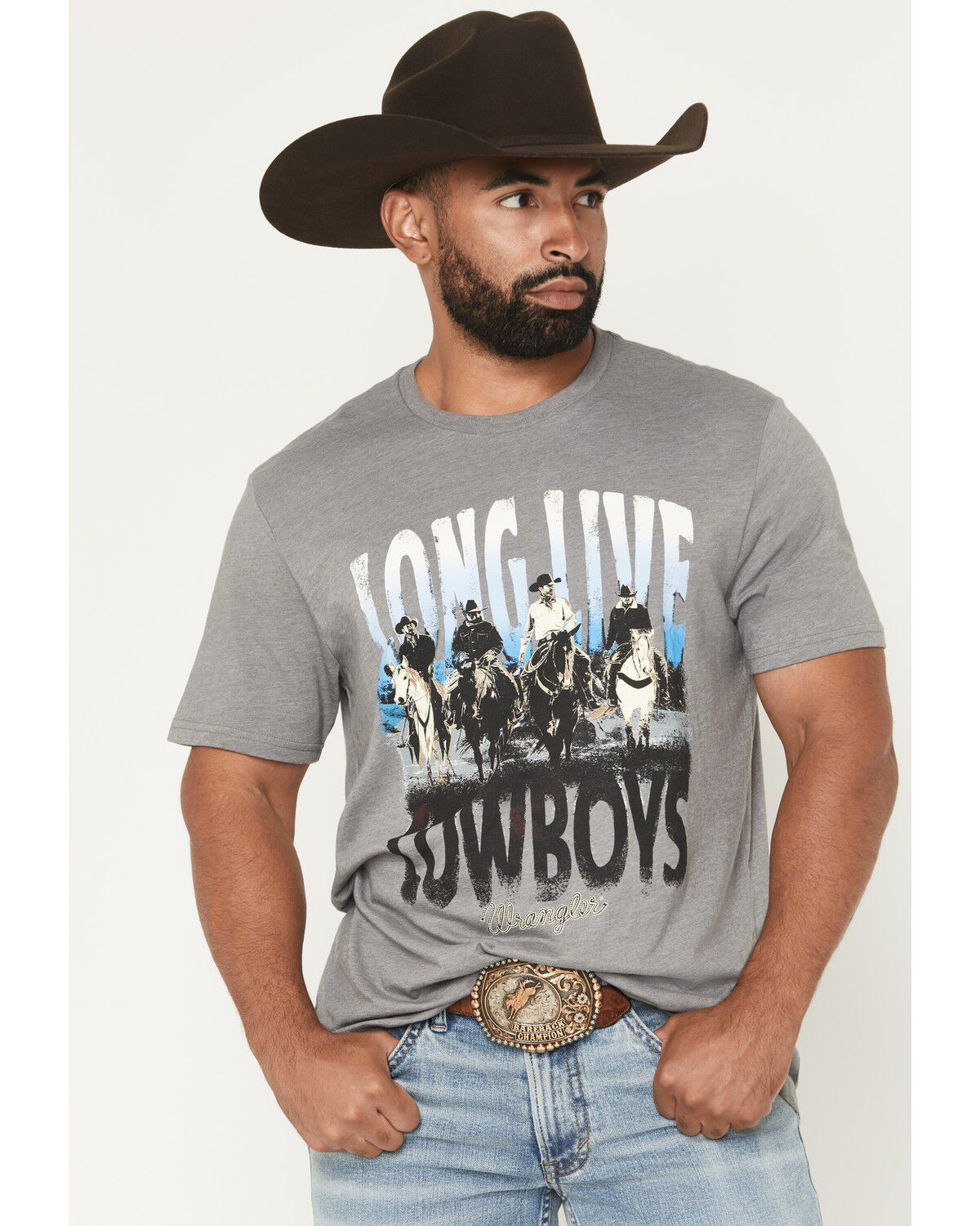 Image #1 - Wrangler Men's Long Live Cowboys Short Sleeve Graphic T-Shirt, Grey, hi-res