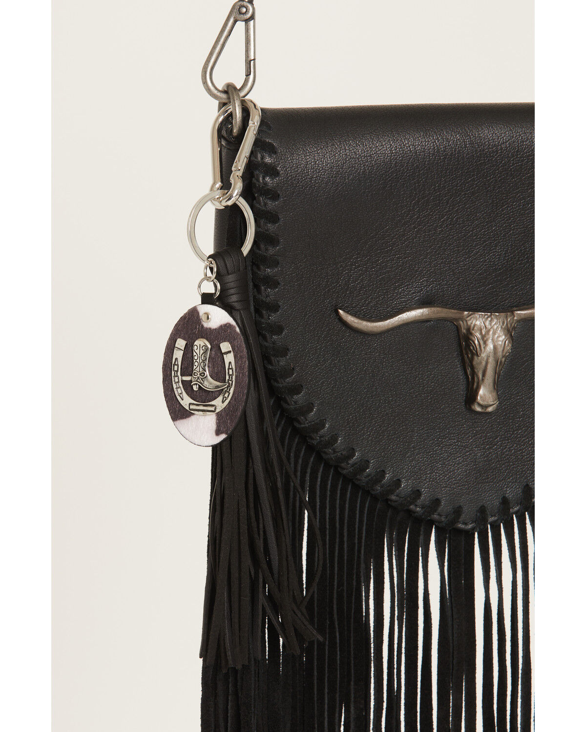 Shyanne Women's Cow Print Horseshoe Bag Charm, Black, hi-res