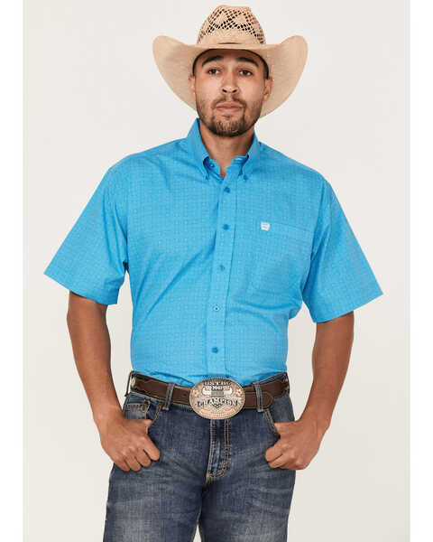 Cinch Men's Geo Print Short Sleeve Button Down Western Shirt , Blue, hi-res