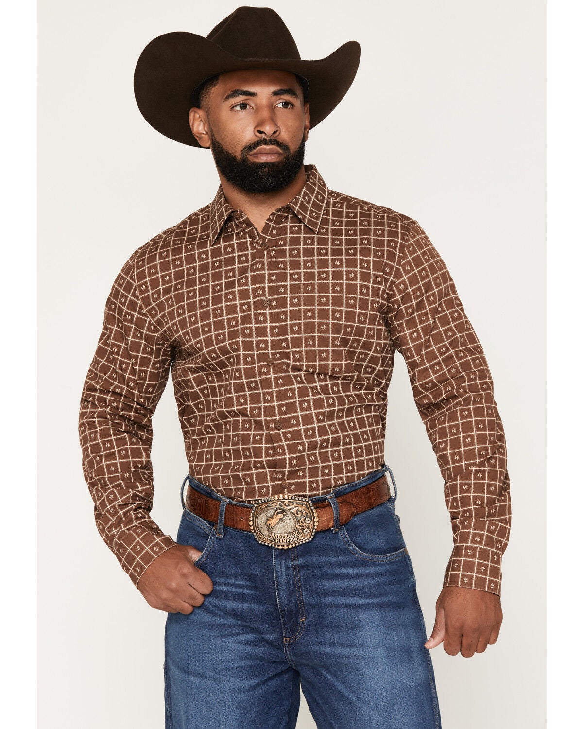 Image #1 - Gibson Trading Co Men's Easy Rider Check Print Long Sleeve Button-Down Western Shirt, Brown, hi-res
