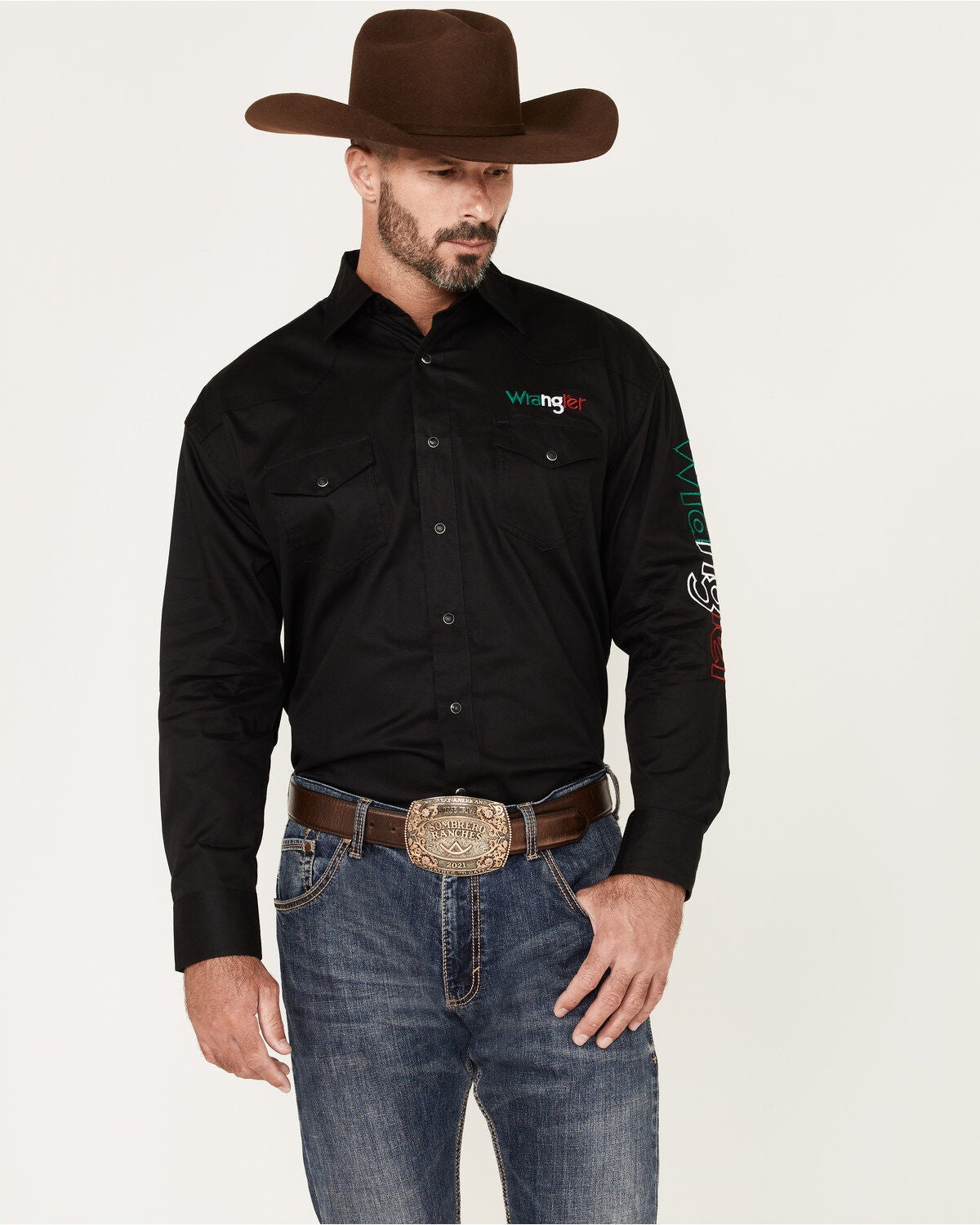 Product Name:  Wrangler Men's Mexico Logo Geo Print Long Sleeve Snap Western Shirt