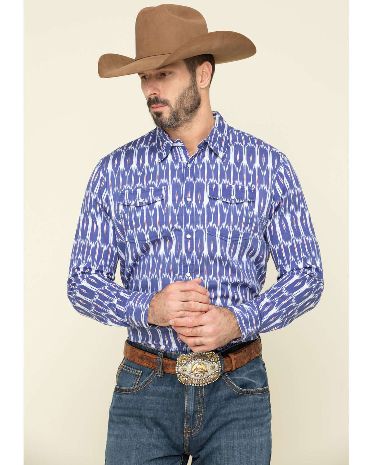 Image #1 - Rock & Roll Denim Men's Ikat Southwestern Print Long Sleeve Western Shirt, Blue, hi-res