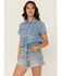 Image #1 - Blue B Women's Light Wash Rhinestone Short Sleeve Button-Down Denim Shirt, Blue, hi-res