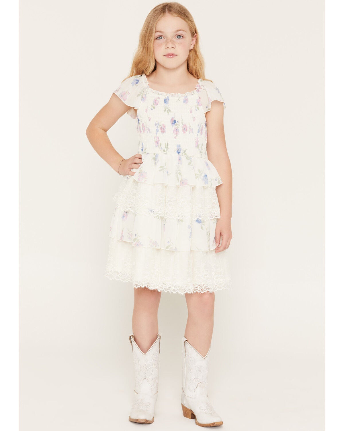 Image #1 - Sugar California Girls' Floral Print Lace Short Sleeve Dress, Ivory, hi-res