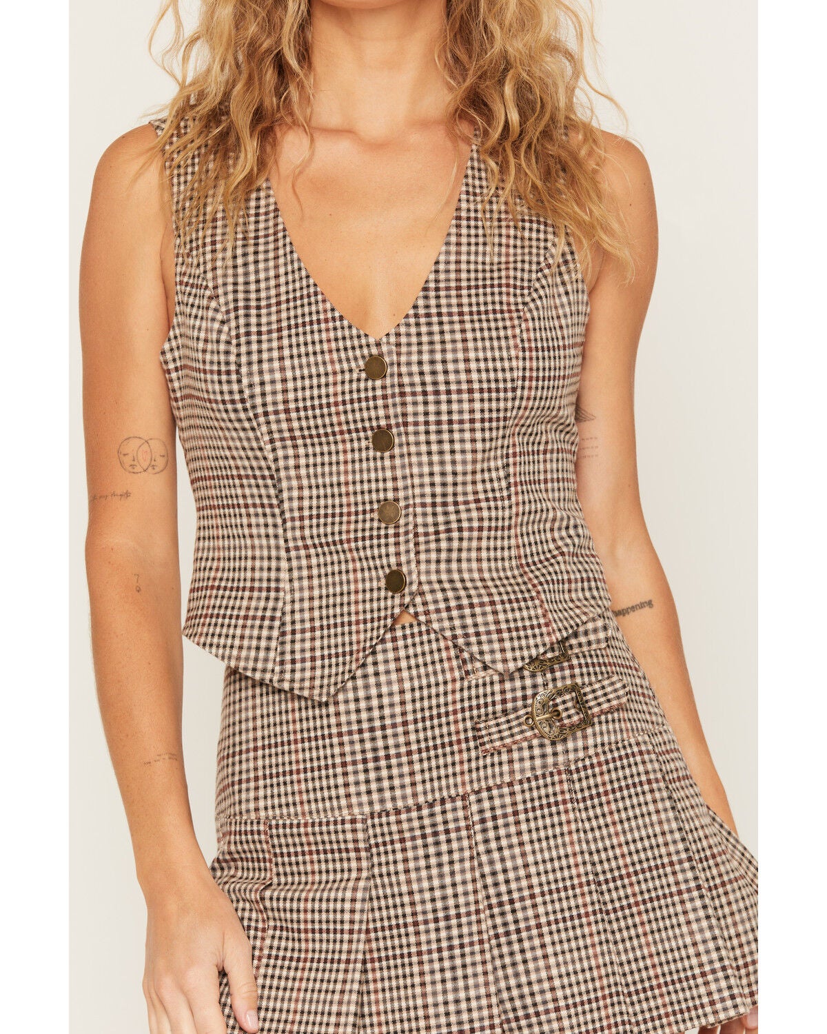 Image #3 - Ashley Women's Boot Barn Exclusive Plaid Print Button-Front Vest, Black/tan, hi-res