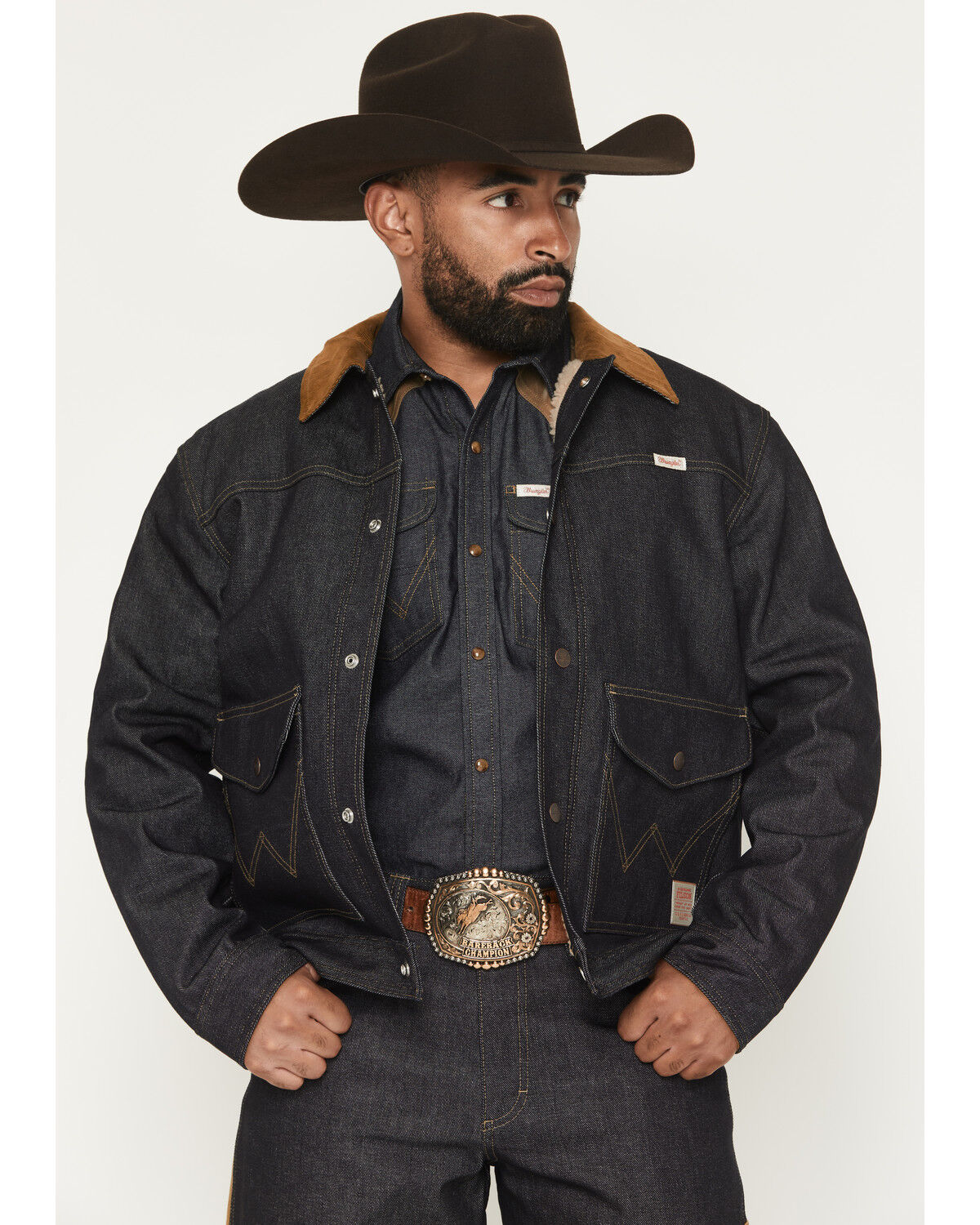 Image #1 - Wrangler X Filson Men's Sherpa Lined Denim Trucker Jacket, Indigo, hi-res