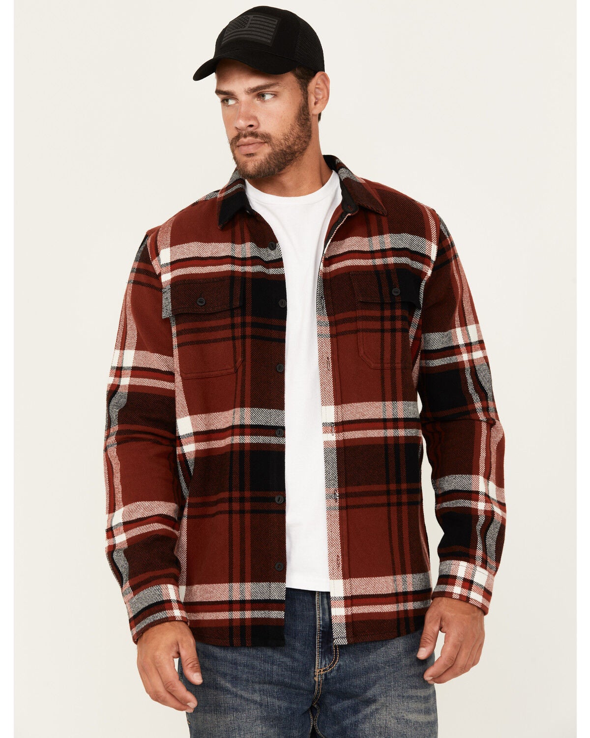 Brothers and Sons Men's Barrell Burley Plaid Print Long Sleeve Button-Down Flannel Shirt, Dark Red, hi-res