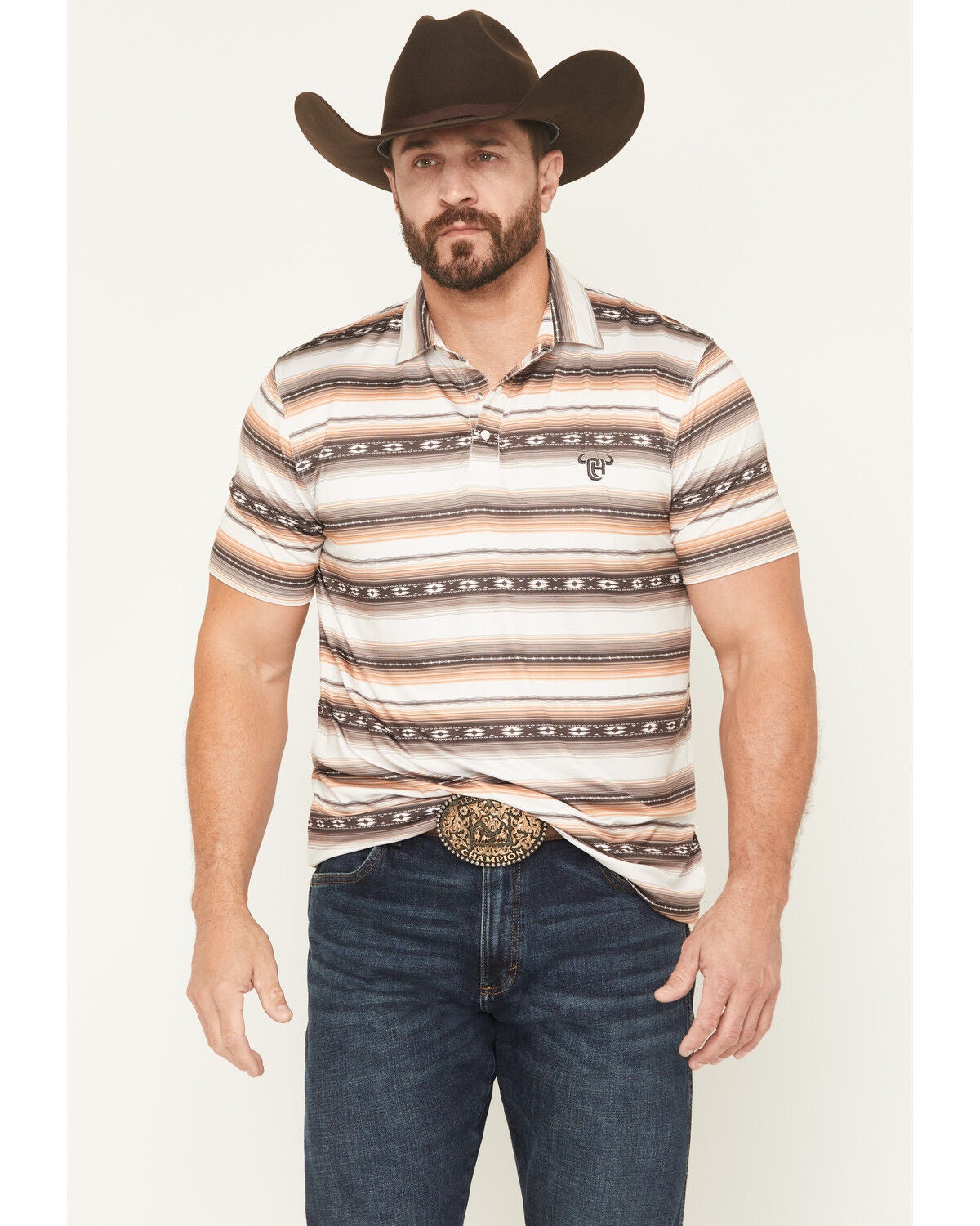 Cowboy Hardware Men's Southwestern Striped Print Short Sleeve Snap Polo, Brown, hi-res