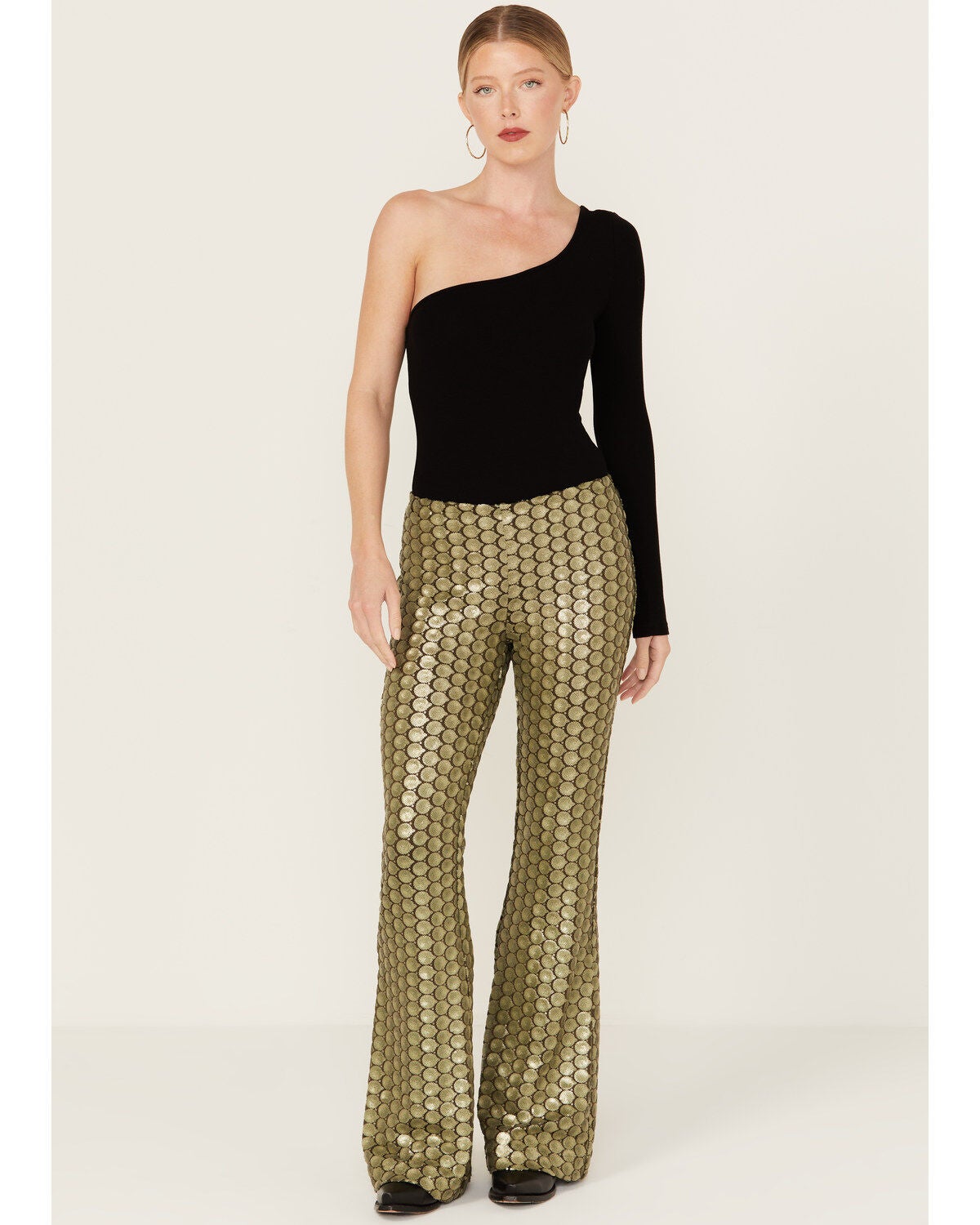 Free People Women's Wilder Days Sequins Flare Pants, Olive, hi-res
