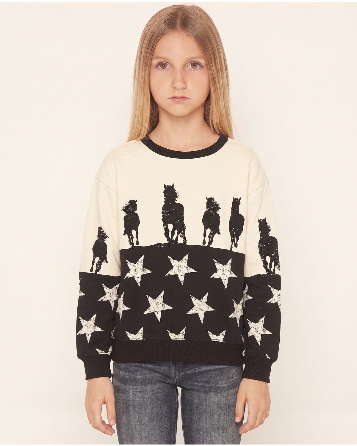 Rock & Roll Denim Girls' Boot Barn Exclusive Americana Horse Sweatshirt, Cream, hi-res