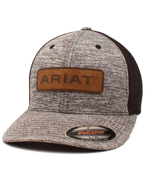 Ariat Men's Logo Leather Patch Flex Fit Mesh Ball Cap , Black, hi-res