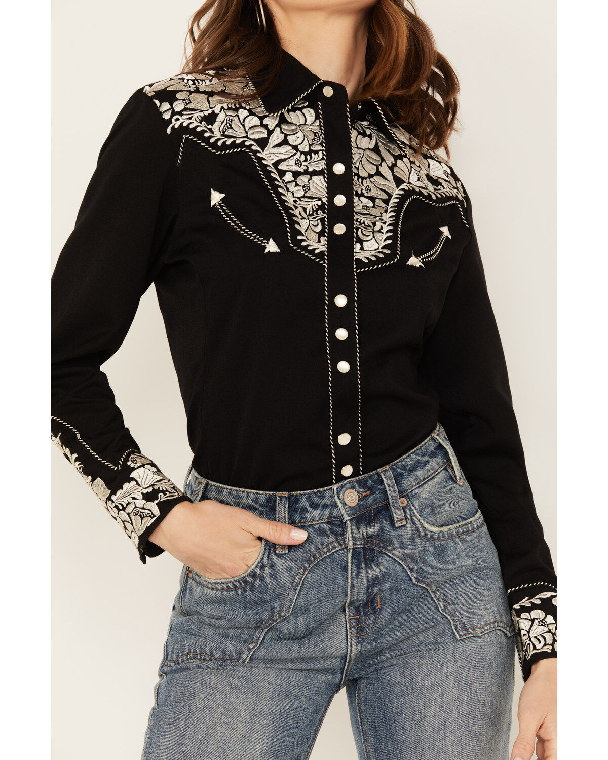 Image #3 - Scully Women's Embroidered Long Sleeve Pearl Snap Western Shirt, Silver, hi-res