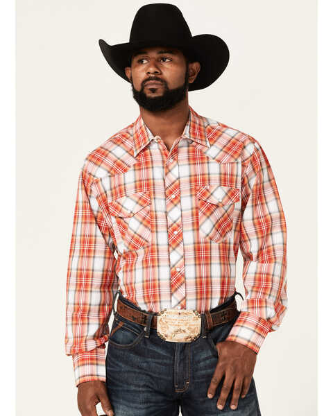 Roper Men's Large Plaid Long Sleeve Pearl Snap Western Shirt , Orange, hi-res