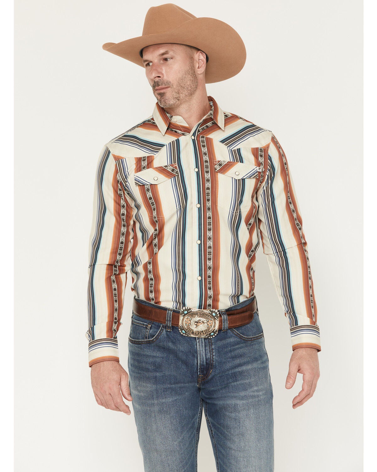 RANK 45&reg; Men's Range Rider Striped Long Sleeve Snap Performance Western Shirt, Ivory, hi-res