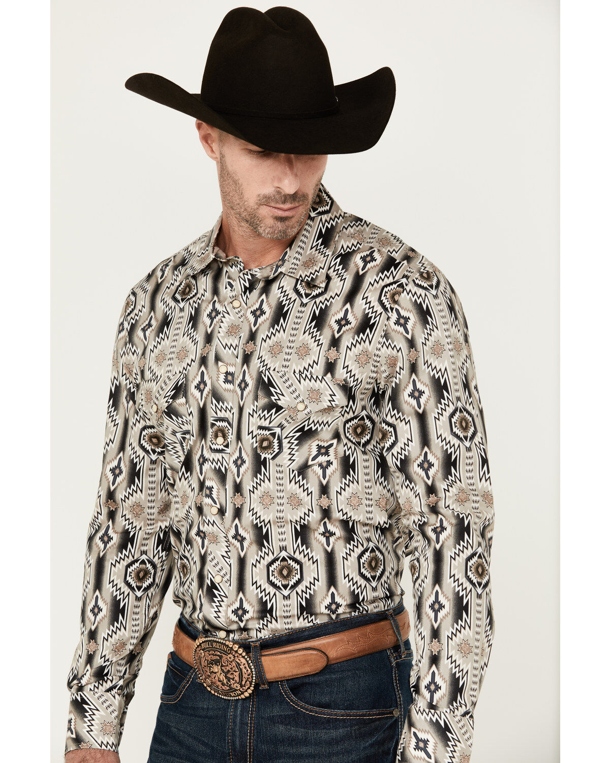 Image #2 - Rock & Roll Denim Men's Southwestern Long Sleeve Pearl Snap Stretch Western Shirt, Sand, hi-res