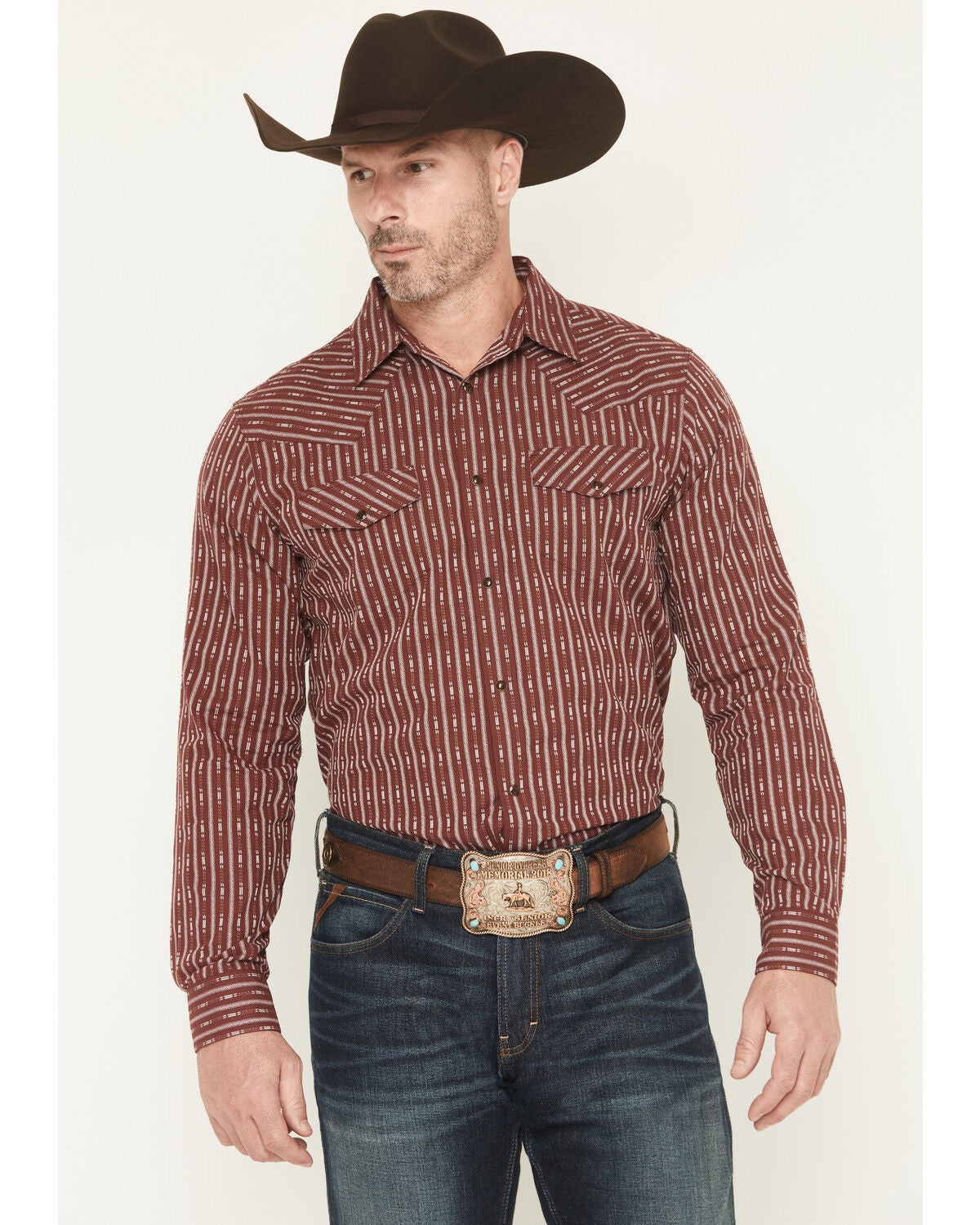 Gibson Trading Co Men's Buckshot Striped Print Long Sleeve Snap Stretch Western Shirt - Tall, Burgundy, hi-res
