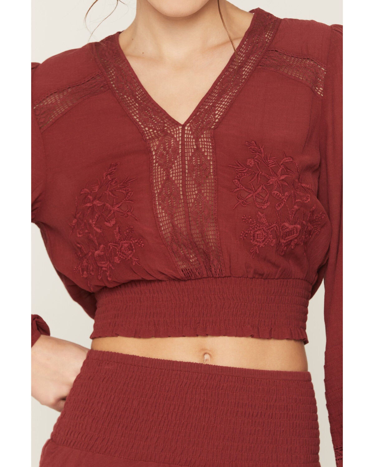 Image #6 - Shyanne Women's Embroidered Smocked Long Sleeve Shirt, Burgundy, hi-res