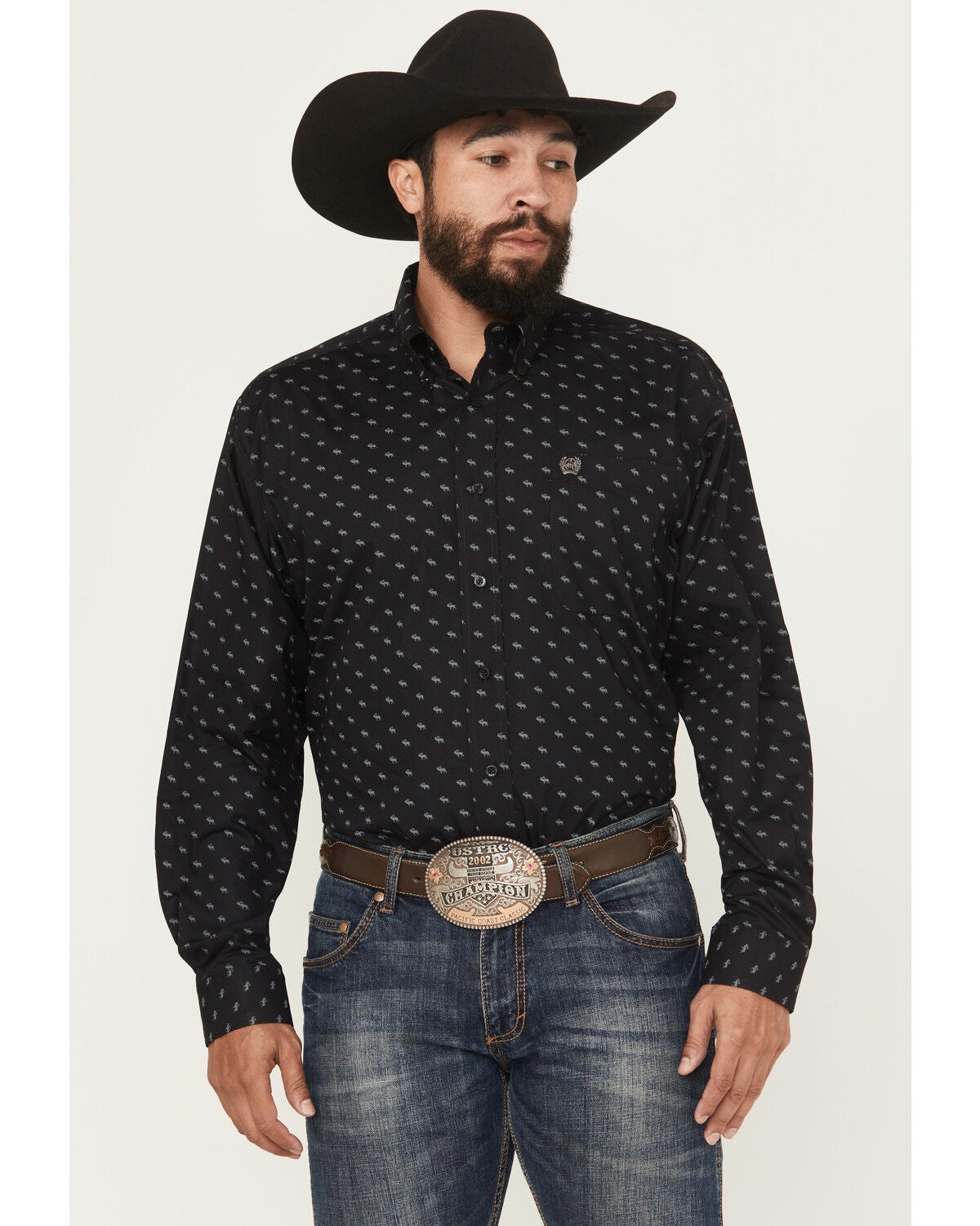 Cinch Men's Moose Print Long Sleeve Button-Down Western Shirt, Black, hi-res