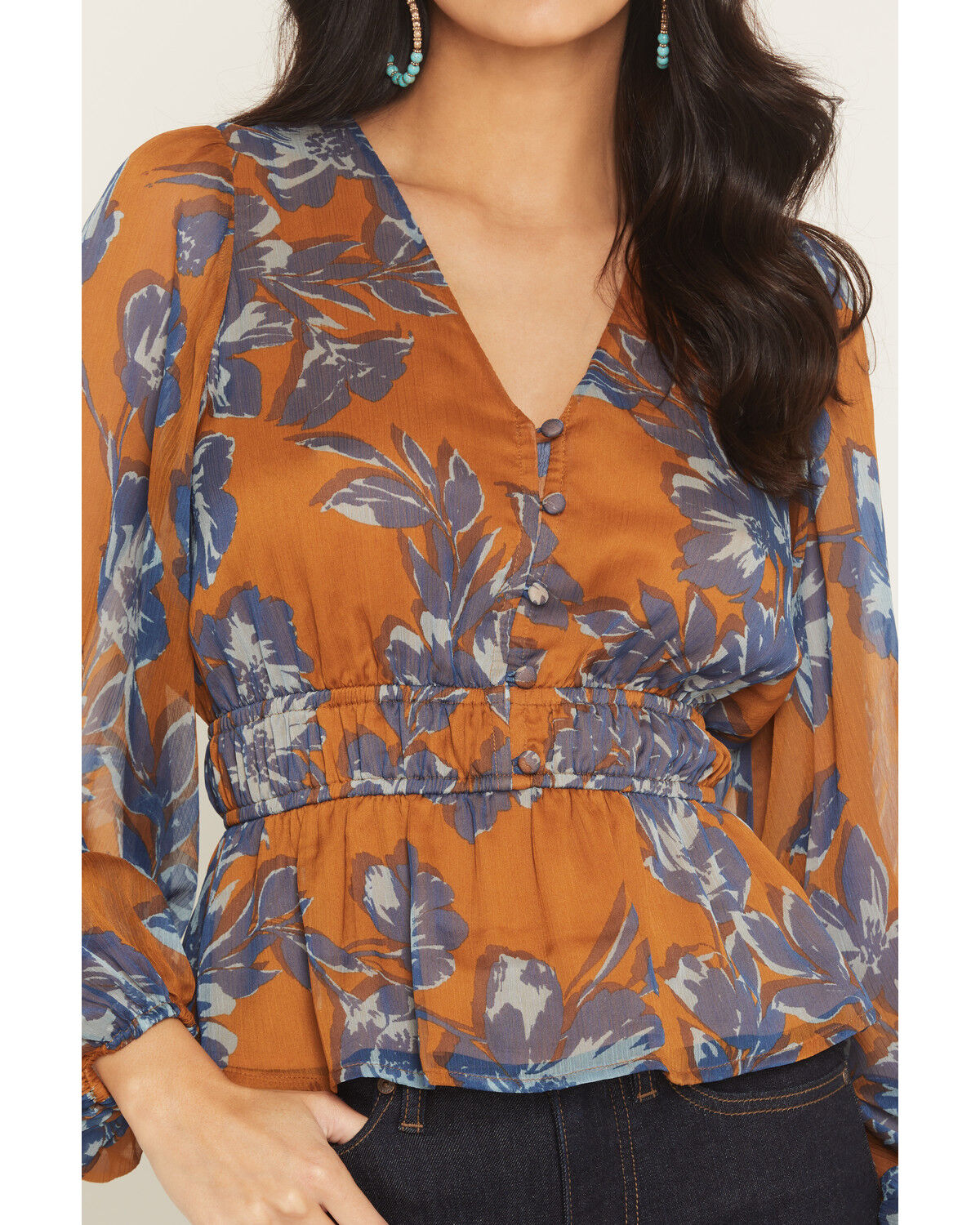 Image #3 - Shyanne Women's Floral Print Long Sleeve Chiffon Shirt, Pecan, hi-res