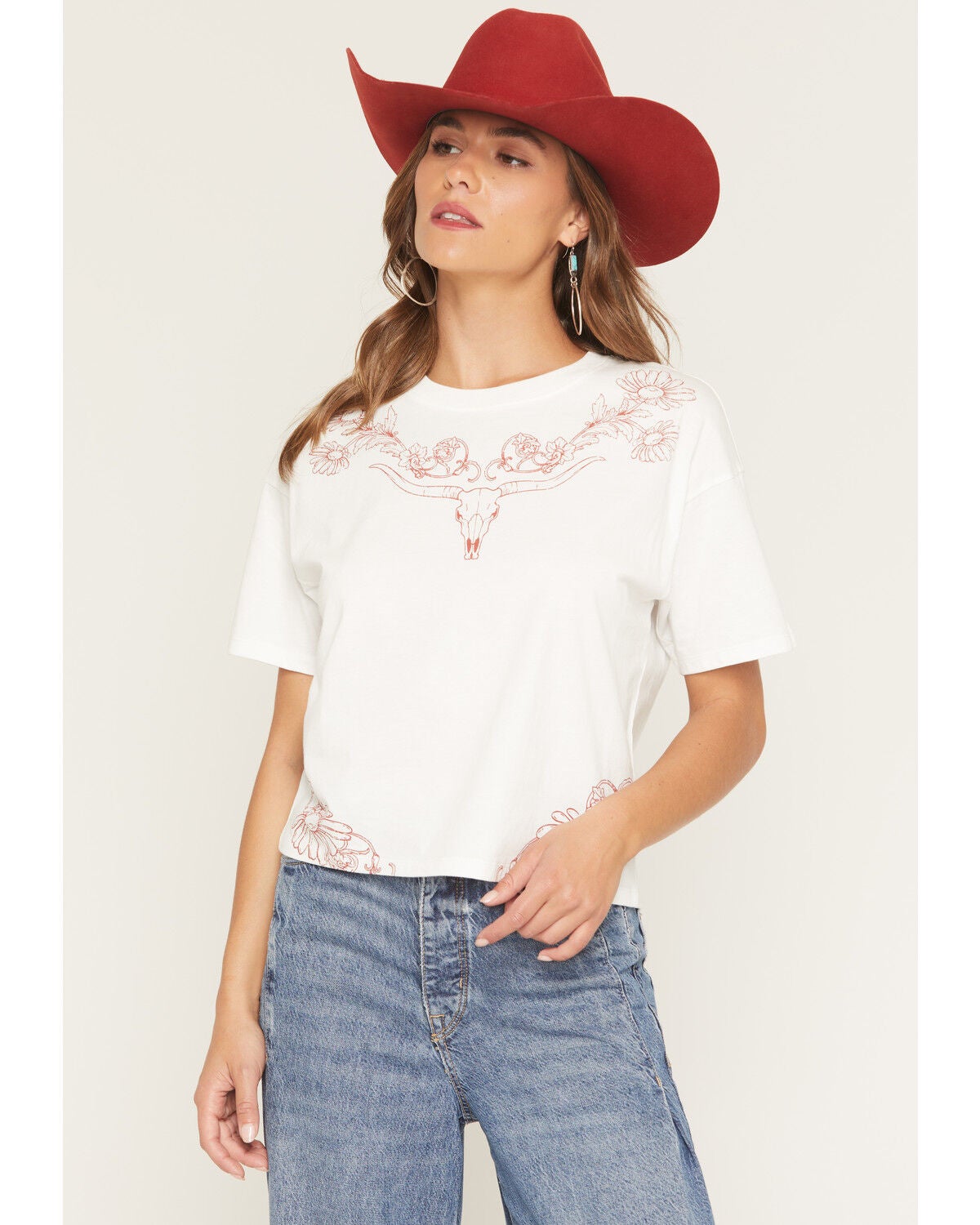 Youth in Revolt Women's Steerheard Floral Short Sleeve Graphic Tee, Cream, hi-res