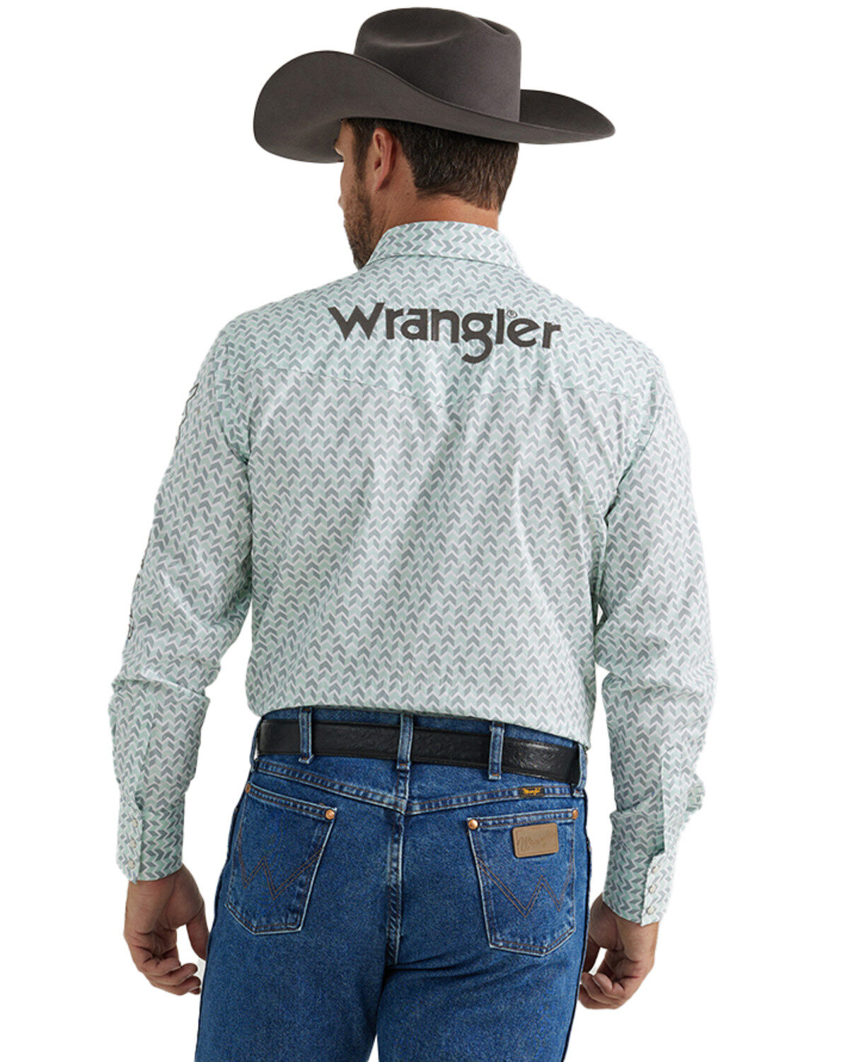Image #2 - Wrangler Men's Geo Print Logo Long Sleeve Snap Western Shirt - Tall, Grey, hi-res